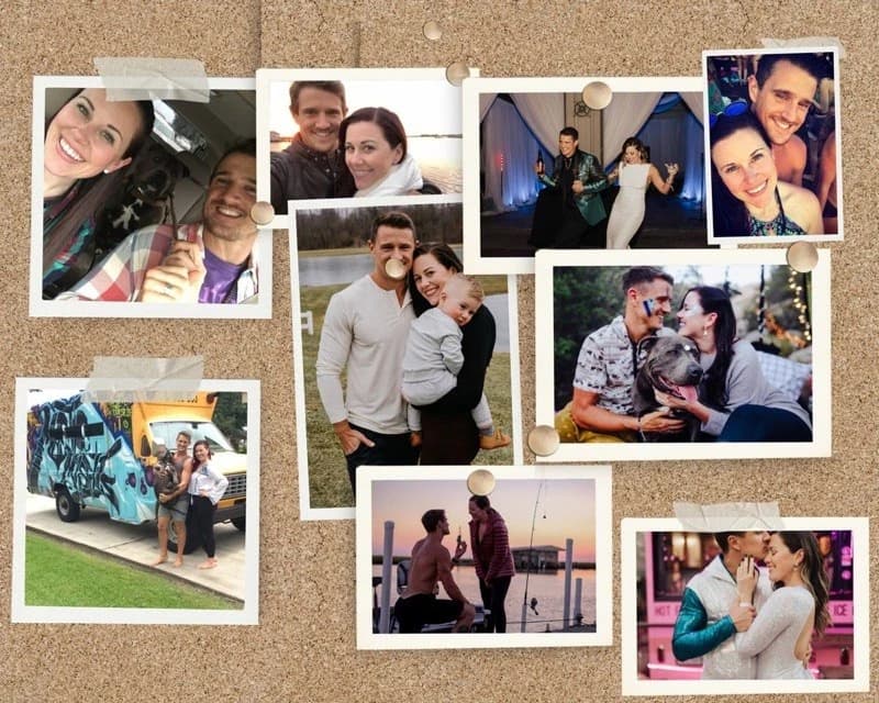 Corkboard collage of nine pinned and taped photographs of Jordan Bowditch and his wife Alexa together: selfies, travel, a family portrait with their young son, a dog, a beachside proposal and their wedding day